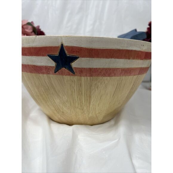 **Vintage CLAY ART LARGE SALAD FRUIT BOWL WOOD STARS RED WHITE BLUE HAND PAINTED - Picture 7 of 13